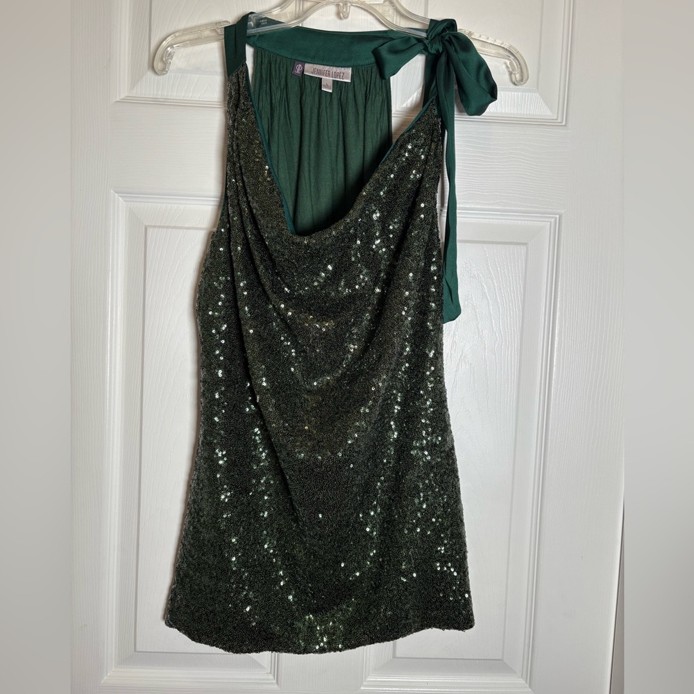 Jennifer Lopez Shoulder Bow Tie Sequins Top. Size Large